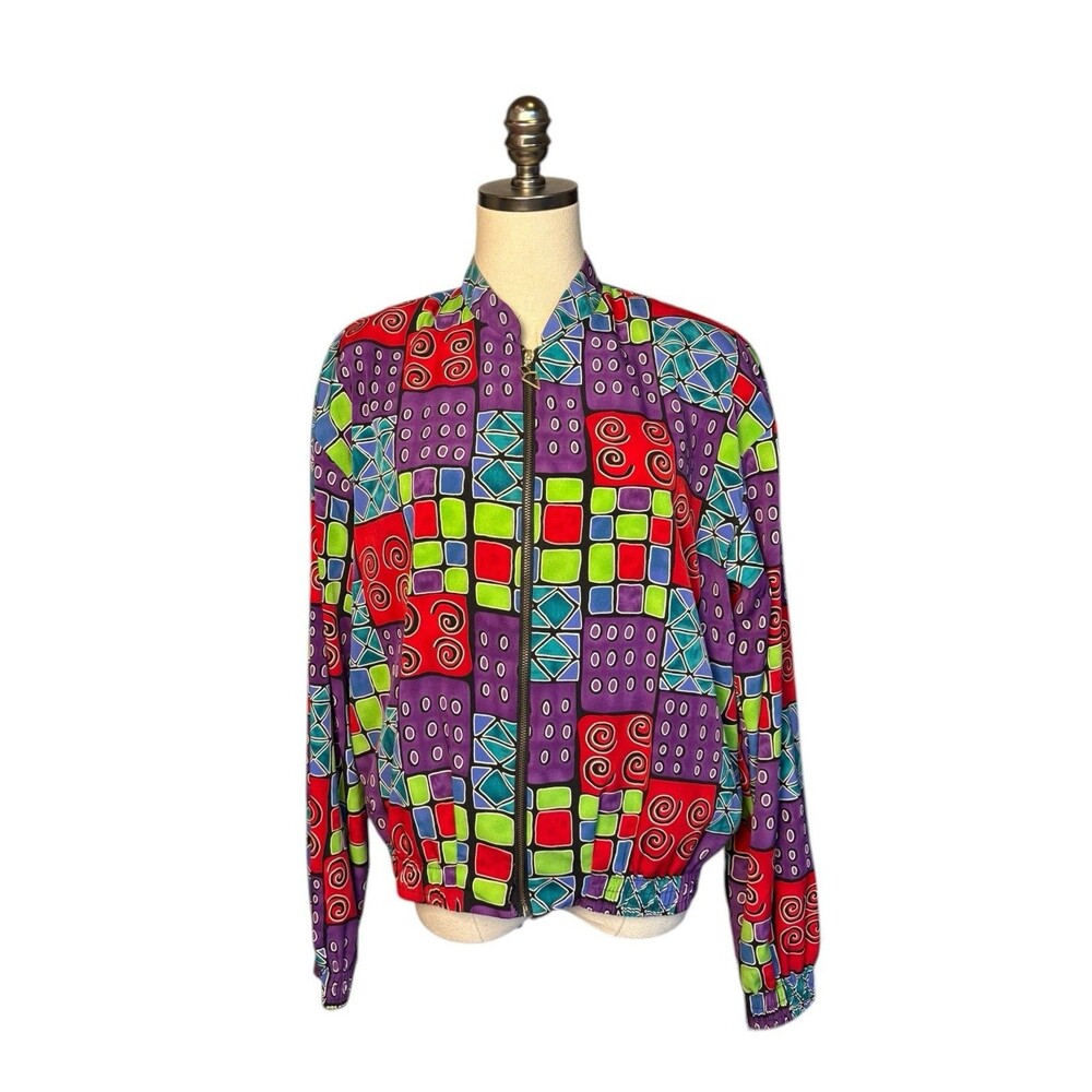 Vintage Kensington Square Lightweight Colorful Art To Wear Full Zip Pockets M